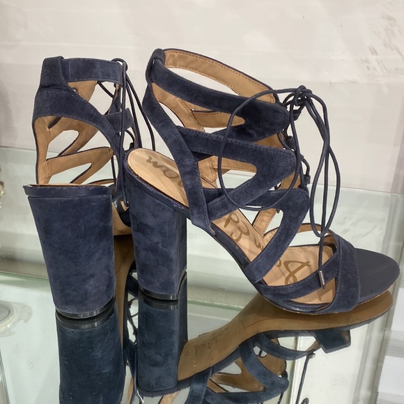 Sam Edelman Lace Up Yardley Suede Leather Navy Blue High Heel Sandals 8.5 US - Picture 2 of 11